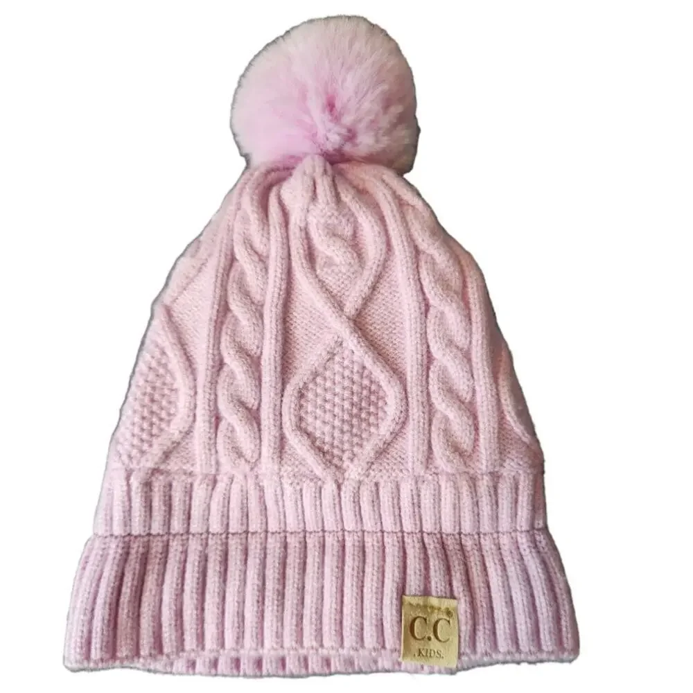 CC kids cable knit lined stocking hat with pom pink/purple